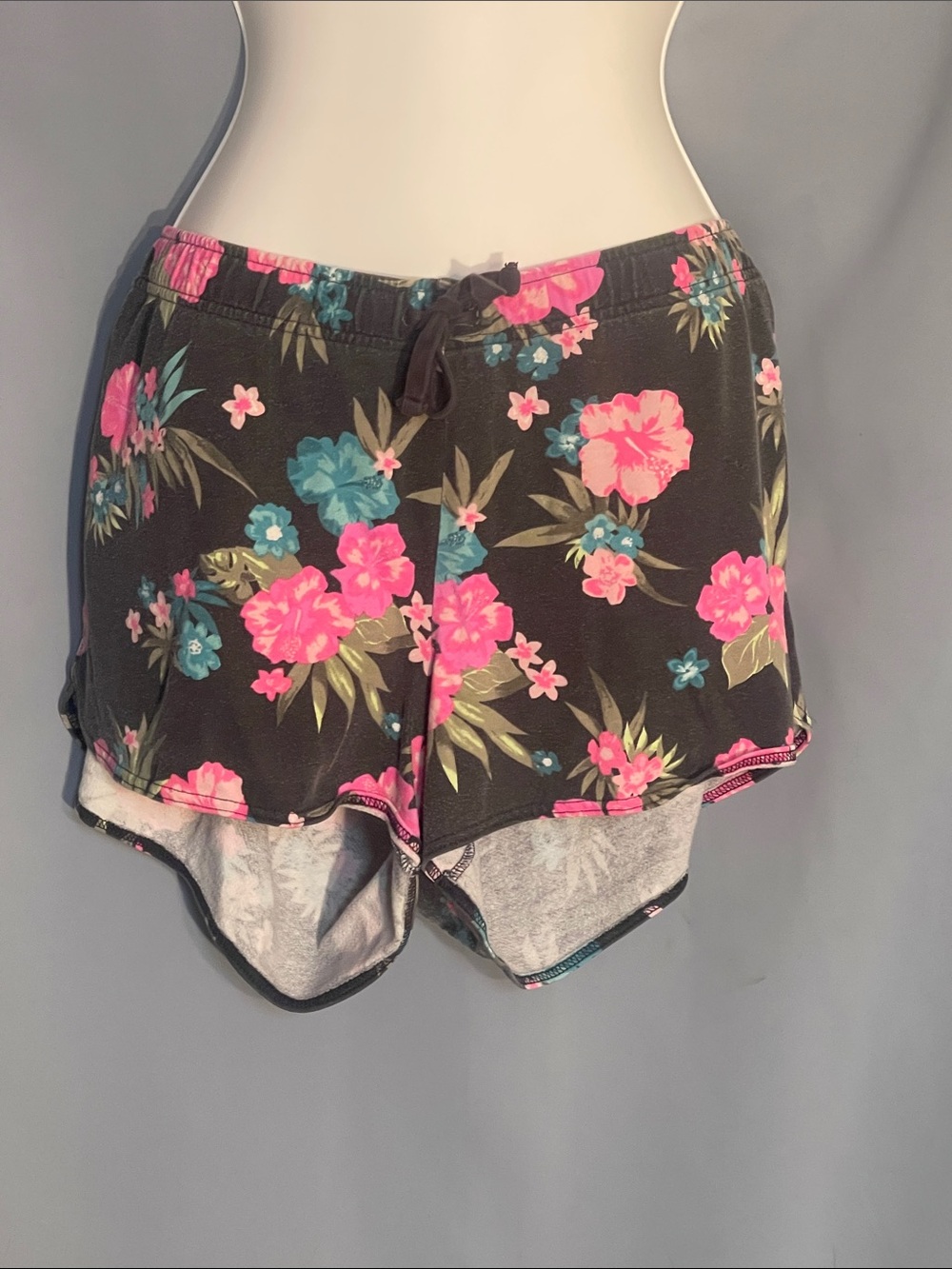 Justice Black Floral Drawstring Athletic Shorts with Pink & Teal Flowers